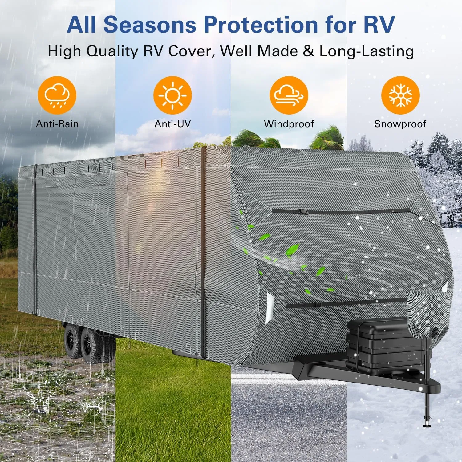 7-Layer RV Cover - Extra-Thick Heavy-Duty Trailer Protection, Includes Gutter, Jack, and Tire Covers, Weatherproof & Anti-UV