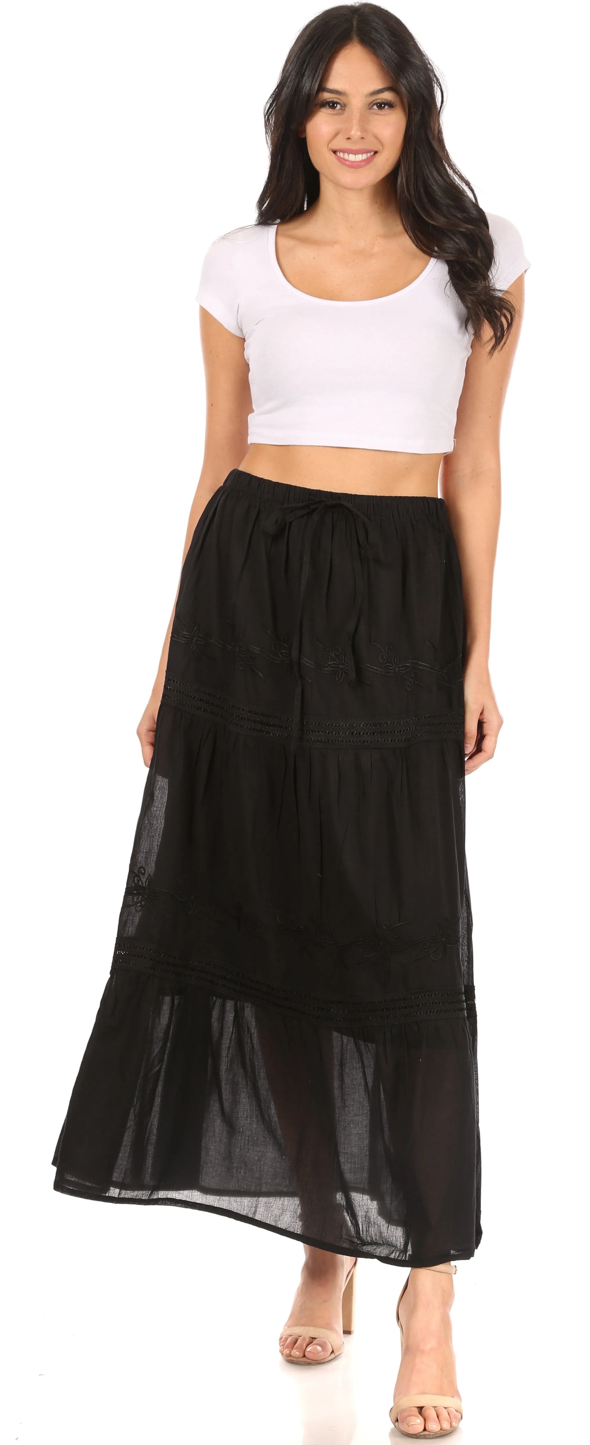 Sakkas Takara Maxi Broomstick Cascading  Peasant Skirt with Elastic Waist