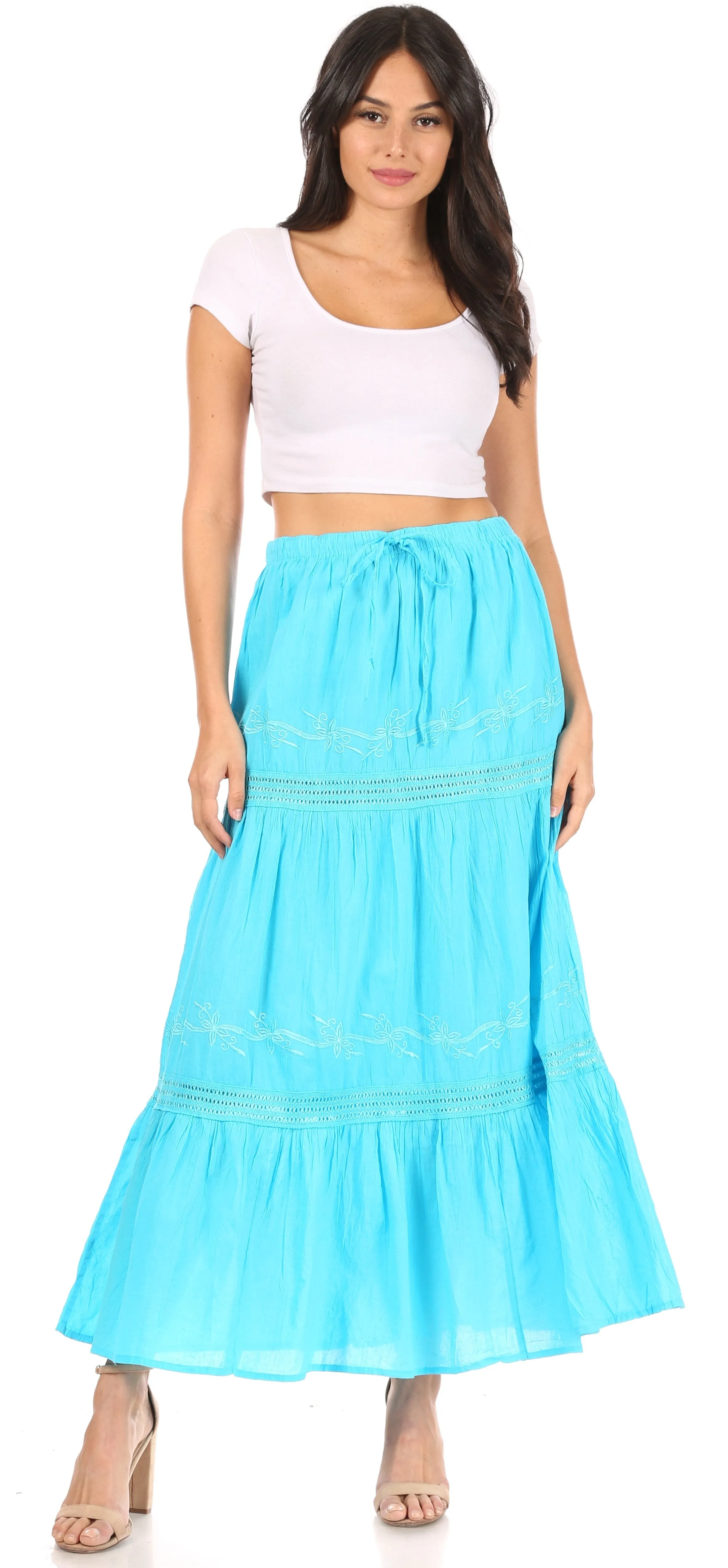 Sakkas Takara Maxi Broomstick Cascading  Peasant Skirt with Elastic Waist