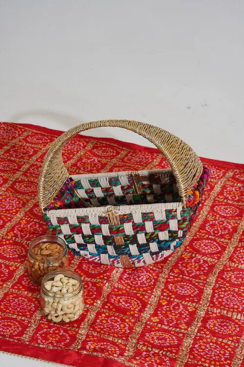 Sirohi Gul Upcycled Textile Basket With Handle