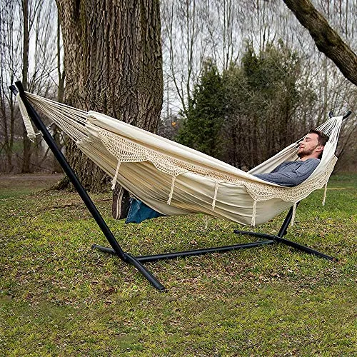 Vivere Double Hammock with Space Saving Steel Stand, Natural (450 lb Capacity - Premium Carry Bag Included)