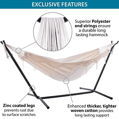 Vivere Double Hammock with Space Saving Steel Stand, Natural (450 lb Capacity - Premium Carry Bag Included)