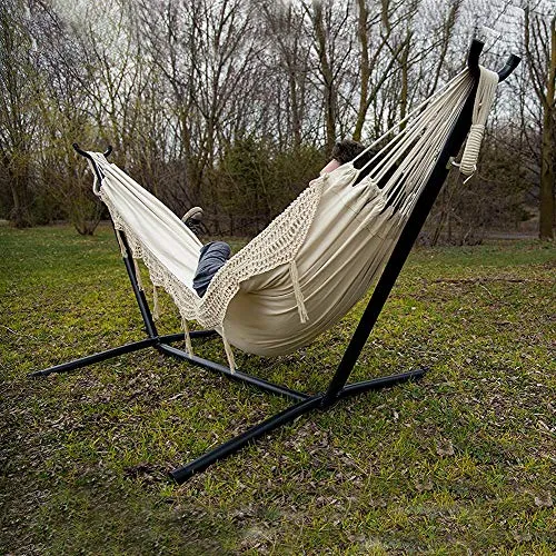 Vivere Double Hammock with Space Saving Steel Stand, Natural (450 lb Capacity - Premium Carry Bag Included)