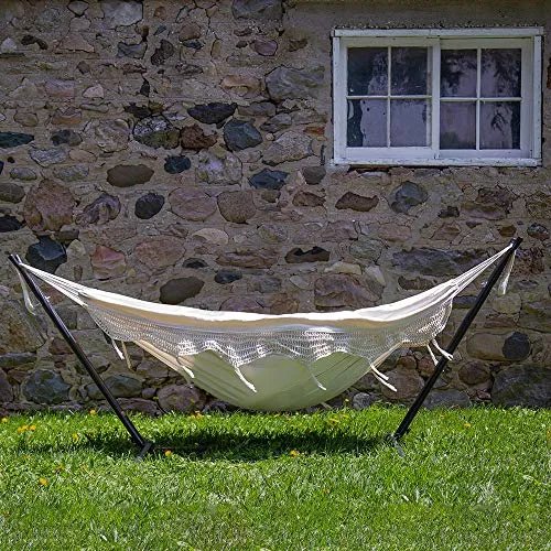 Vivere Double Hammock with Space Saving Steel Stand, Natural (450 lb Capacity - Premium Carry Bag Included)