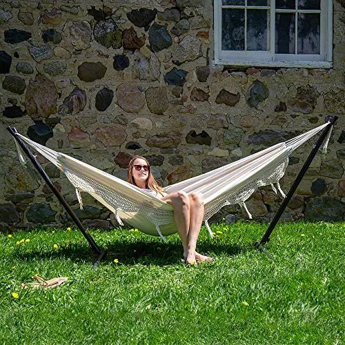 Vivere Double Hammock with Space Saving Steel Stand, Natural (450 lb Capacity - Premium Carry Bag Included)